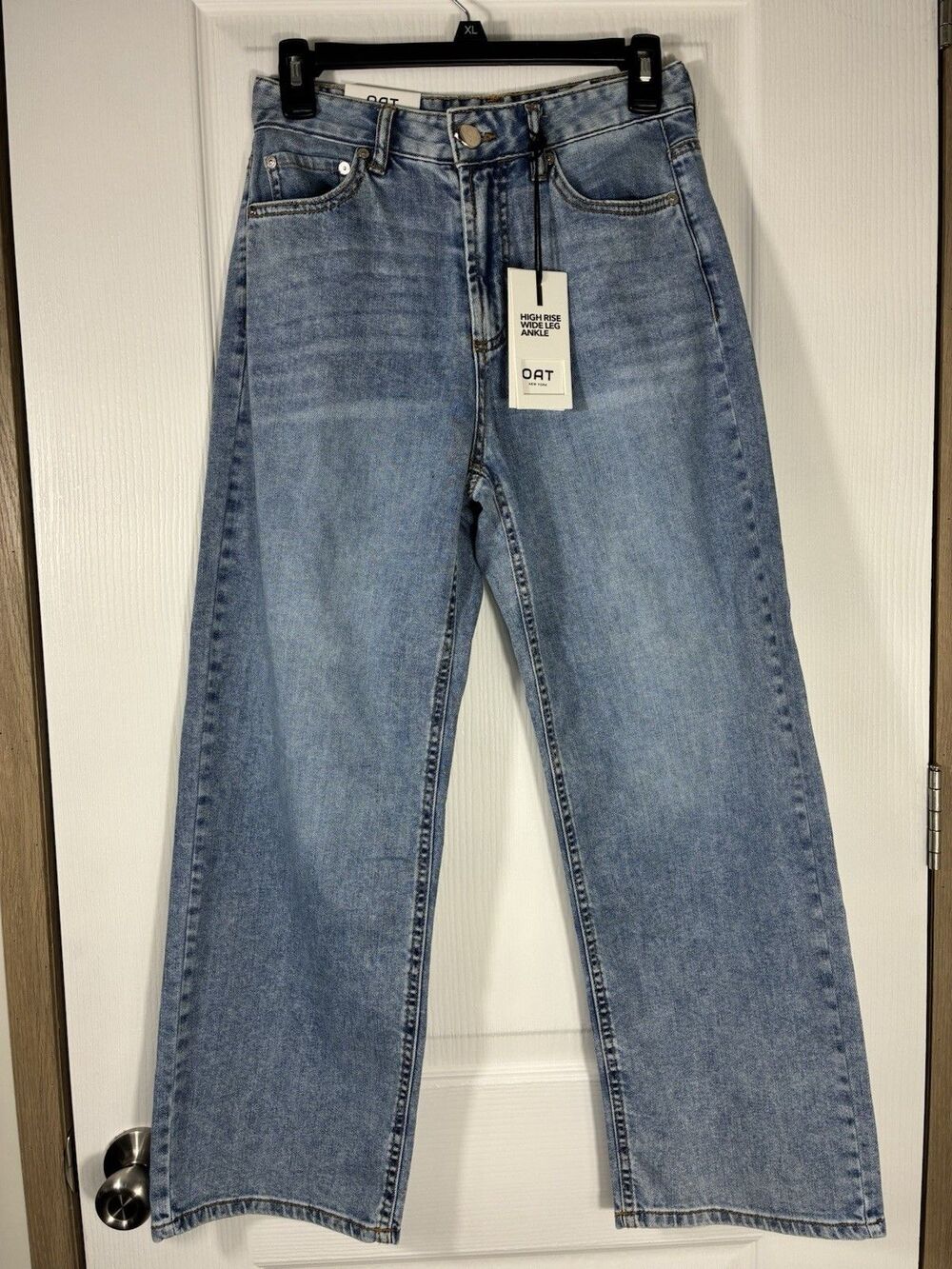 New OAT Womens 2/26 Cloud Luxe Denim Light Wash Jeans High Rise Wide Leg Ankle